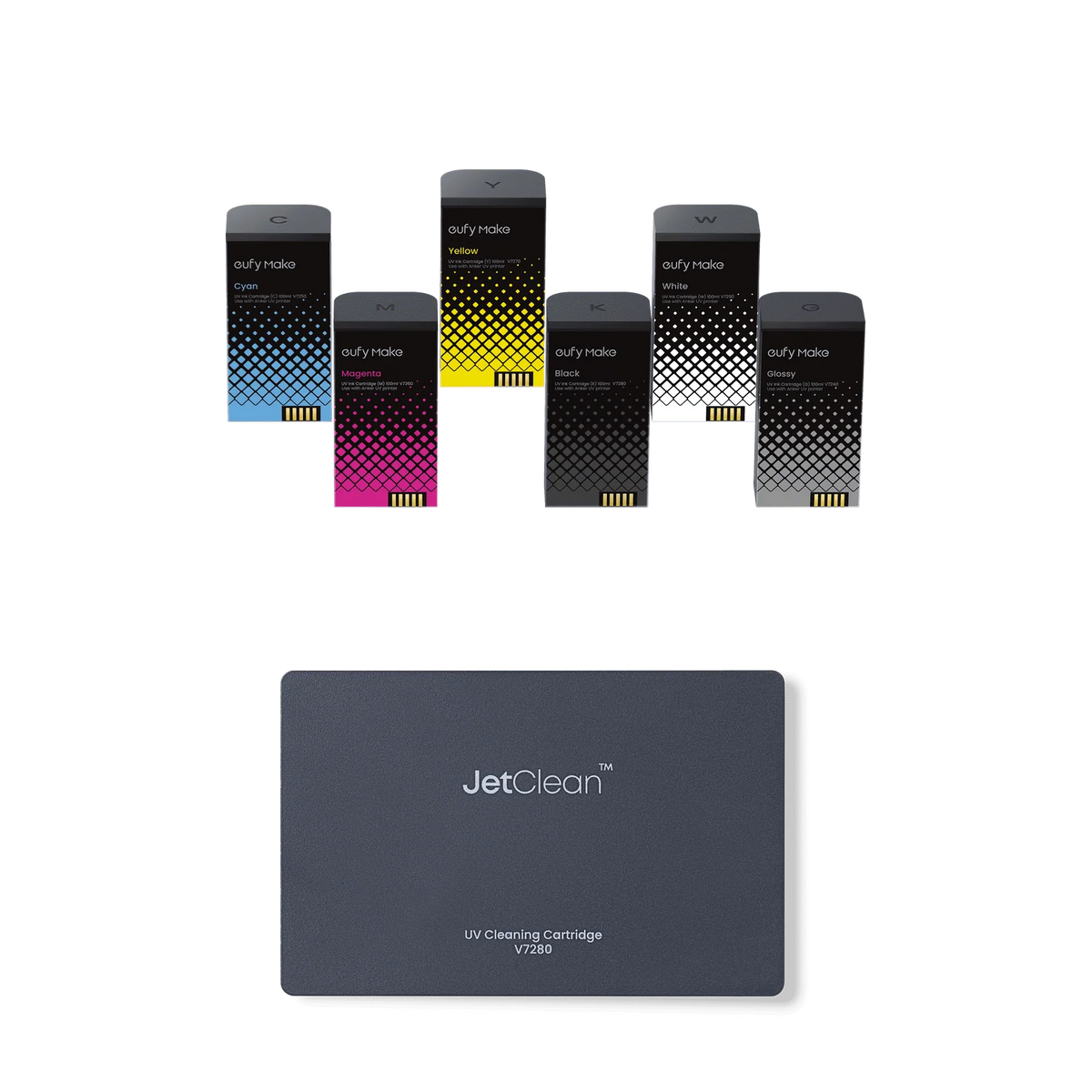 eufyMake E1 Complete UV Ink Bundle — CMYK + White + Glossy Ink + 380mL Cleaning Cartridge for Rigid Surfaces (V7240) | 980mL Total Ink