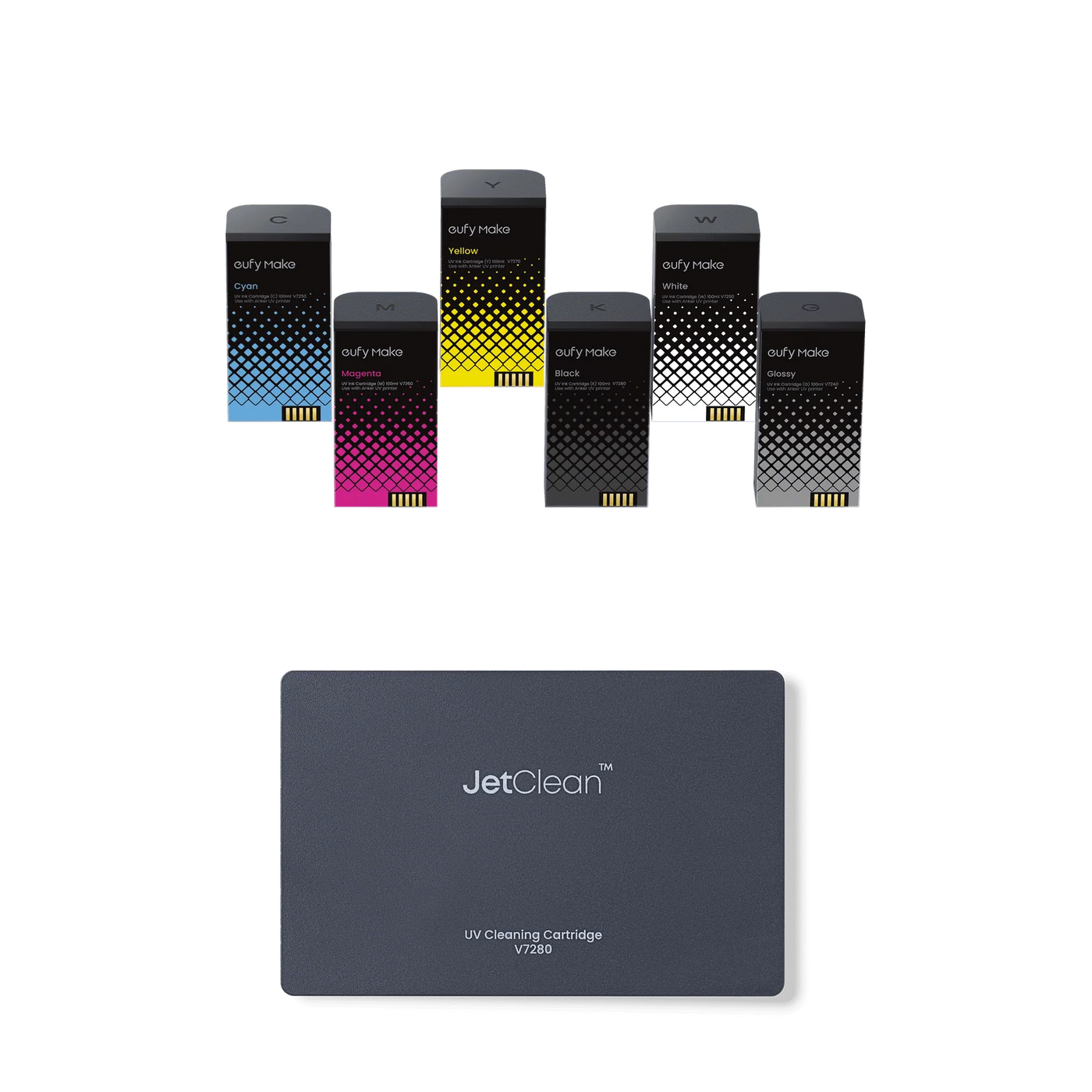 eufyMake E1 Complete UV Ink Bundle — CMYK + White + Glossy Ink + 380mL Cleaning Cartridge for Rigid Surfaces (V7240) | 980mL Total Ink