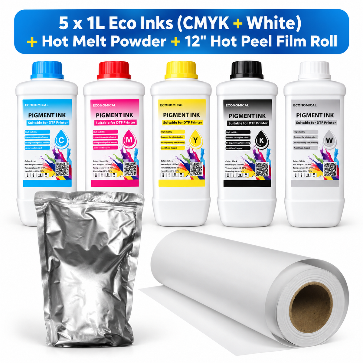 Eco DTF Starter Bundle – 5 x 1L Eco Inks (CMYK + White) + Hot Melt Powder + 12" Hot Peel Film Roll