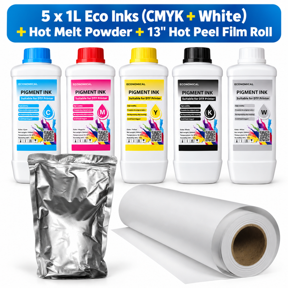 Eco DTF Starter Bundle – 5 x 1L Eco Inks (CMYK + White) + Hot Melt Powder + 13" Hot Peel Film Roll