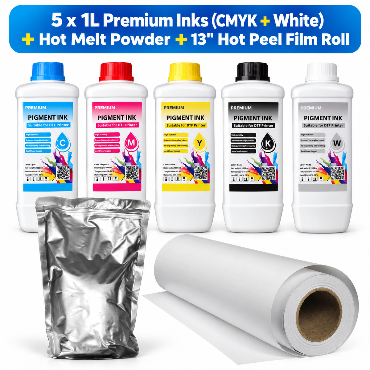 Premium DTF Starter Bundle – 5 x 1L Premium Inks (CMYK + White) + Hot Melt Powder + 13" Hot Peel Film Roll