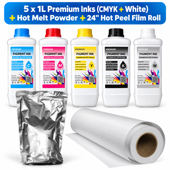 Premium DTF Starter Bundle – 5 x 1L Premium Inks (CMYK + White) + Hot Melt Powder + 24" Hot Peel Film Roll