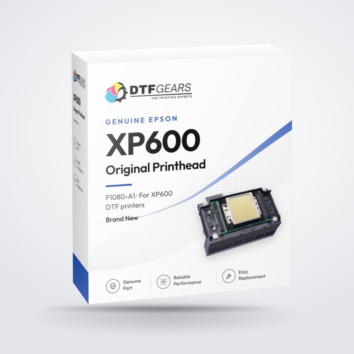 Genuine Epson XP600 F1080-A1 printhead for DTF printers, shown with DTF Gears packaging