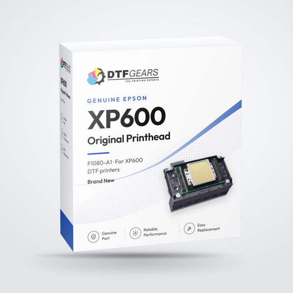 Genuine Epson XP600 F1080-A1 printhead for DTF printers, shown with DTF Gears packaging