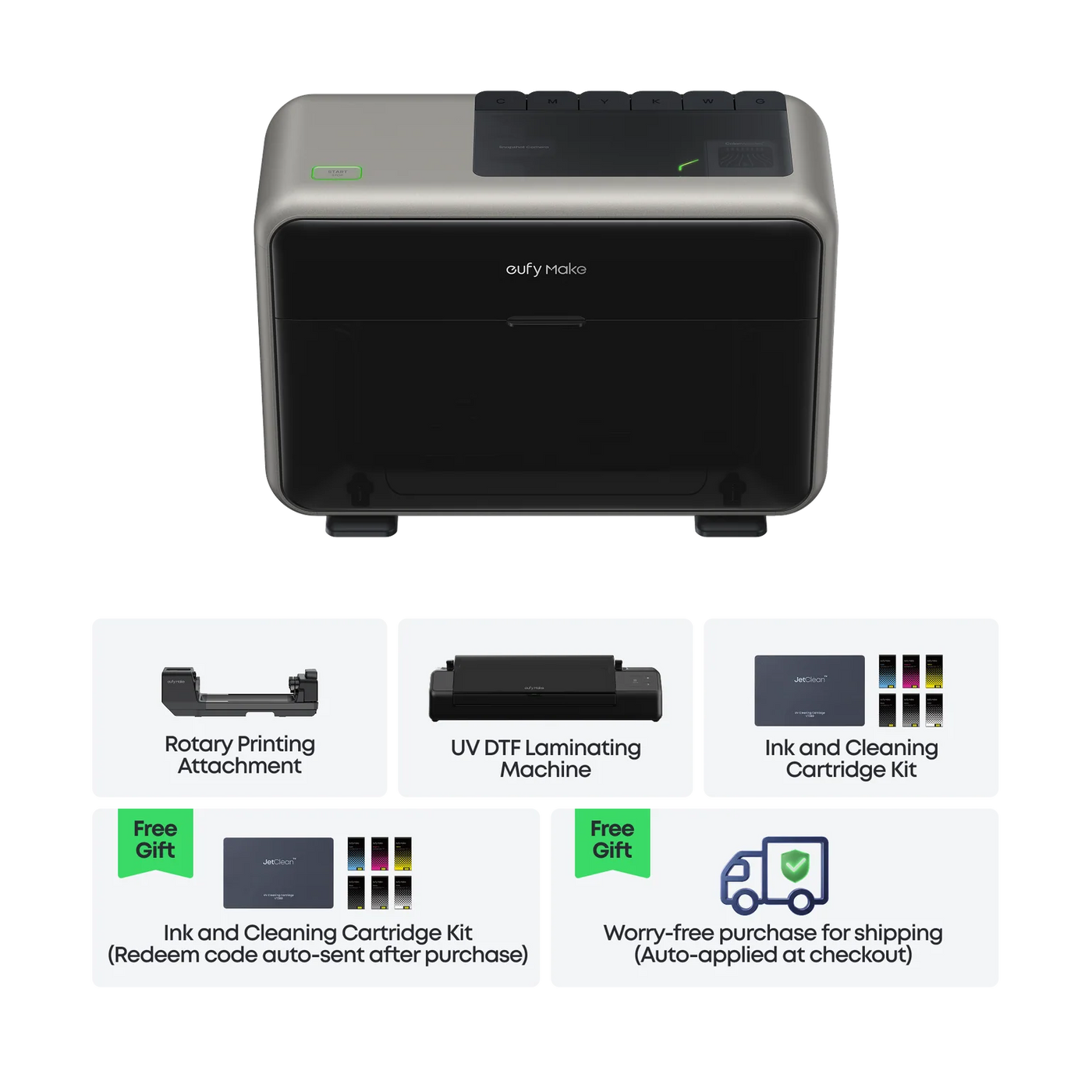 eufyMake E1 - 3D-Texture UV Printer Deluxe Bundle ( Ink and Cleaning Cartridges + Rotary attachments + UV-DTF Laminator unit )