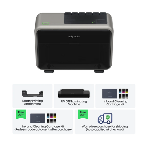 eufyMake E1 - 3D-Texture UV Printer Deluxe Bundle ( Ink and Cleaning Cartridges + Rotary attachments + UV-DTF Laminator unit )