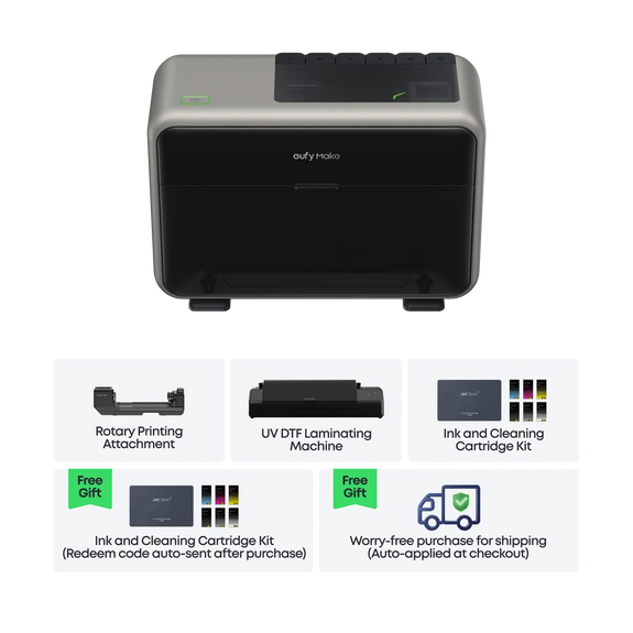 eufyMake E1 - 3D-Texture UV Printer Deluxe Bundle ( Ink and Cleaning Cartridges + Rotary attachments + UV-DTF Laminator unit )