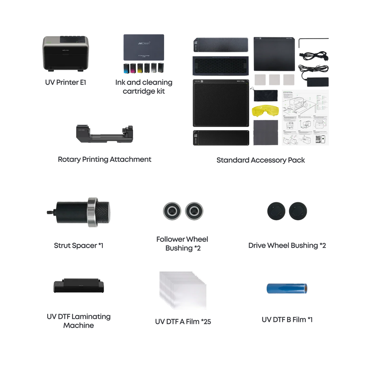 eufyMake E1 - 3D-Texture UV Printer Deluxe Bundle ( Ink and Cleaning Cartridges + Rotary attachments + UV-DTF Laminator unit )
