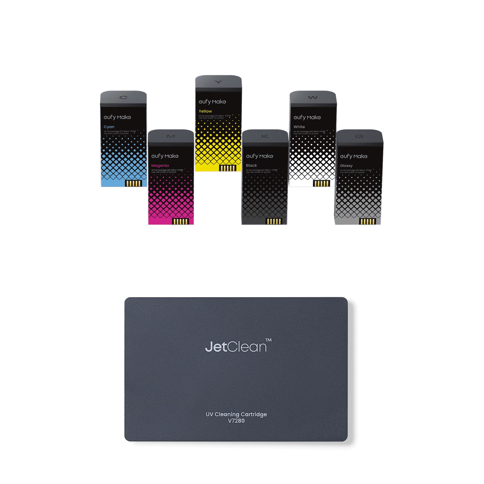 eufyMake E1 Complete UV Ink Bundle — CMYK + White + Glossy Ink + 380mL Cleaning Cartridge for Rigid Surfaces (V7240) | 980mL Total Ink