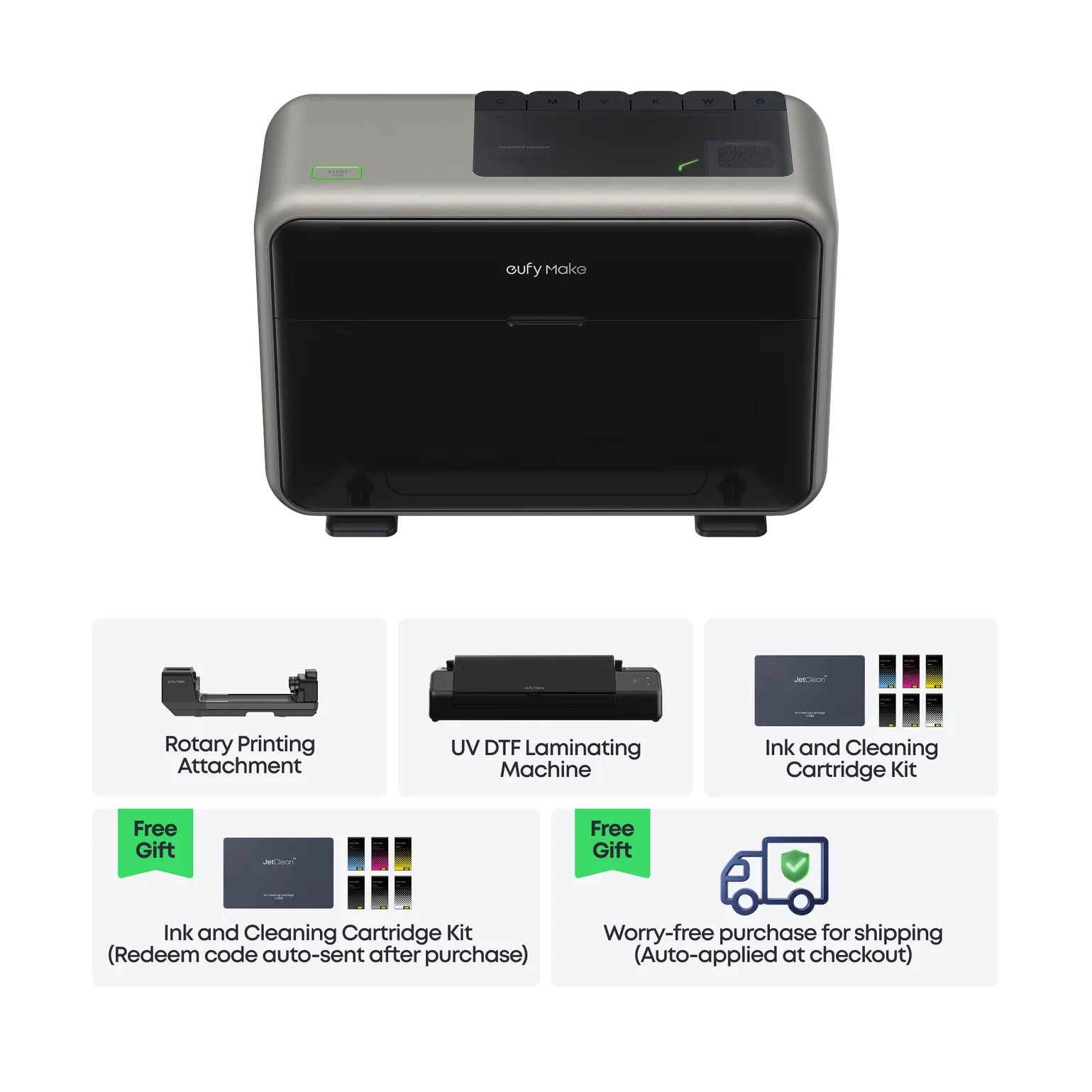 eufyMake E1 - 3D-Texture UV Printer Deluxe Bundle ( Ink and Cleaning Cartridges + Rotary attachments + UV-DTF Laminator unit )