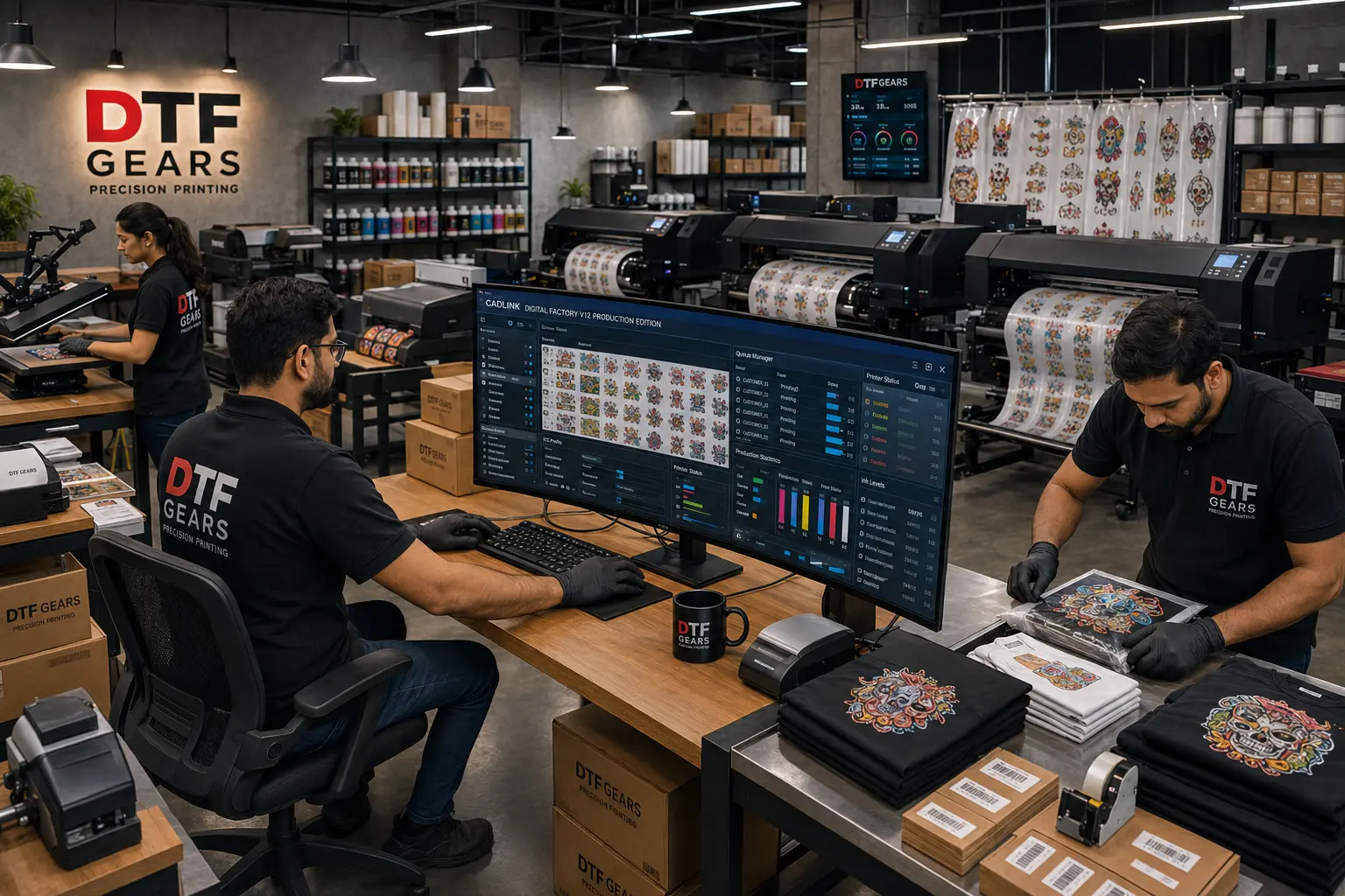 Professional DTF operator using CADlink Digital Factory V12 Desktop Edition in a DTF Gears print shop.